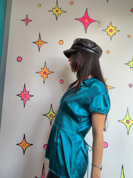 Y2K Teal Satin Blouse | Office Siren Glam Academia Shimmer Top Medium