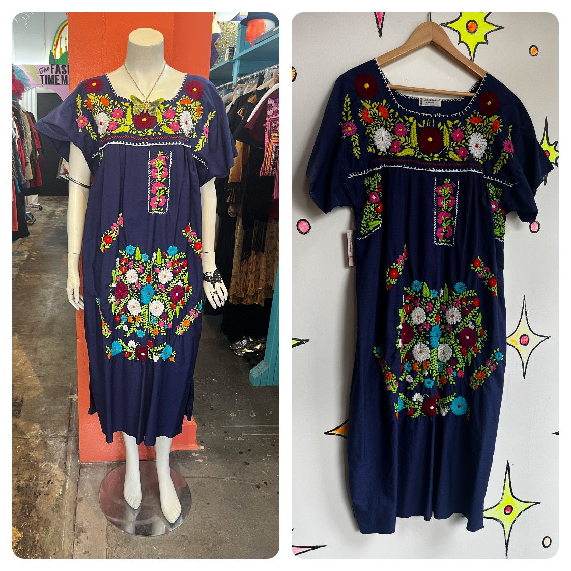 Vintage 60s 70s | Navy Boho Oaxacan Mexican Hand Embroidered Festival Dress