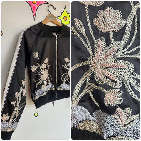 Vintage Y2K | Black Satin Embroidered Fairy Grunge Bomber Jacket | Size Small