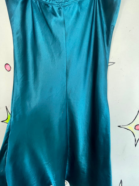 90s Peacock Blue Beaded Slip Dress Mermaidcore Silk-Feel Midi Y2K Grunge Fairy M