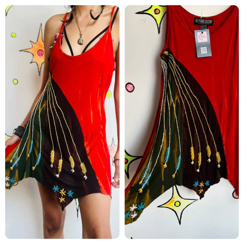 90s Y2K Cherry Red Butterfly Mini Dress Embellished Boho Fairy Grunge Artwear XL