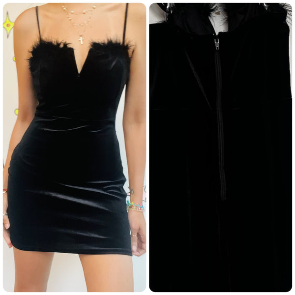 Vintage 90s Black Velvet Fairy Grunge Goth Feather Trim Mini Slip Party Dress M