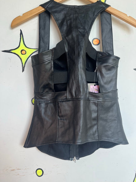 Y2K Black Zip Front Corset Top Post Apocalyptic Goth Vegan Leather Tank S