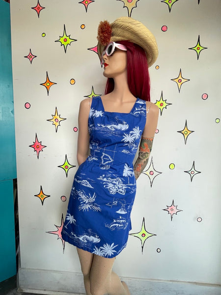 Vintage Retro Blue Aloha Hawaiian Mini Souvenir Vacation Tiki Dress M