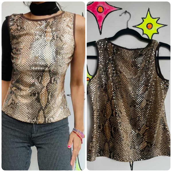 Vintage 90s Y2K Sequin Stretchy Animal Print Top – Cyber Grunge McBling Glam – L