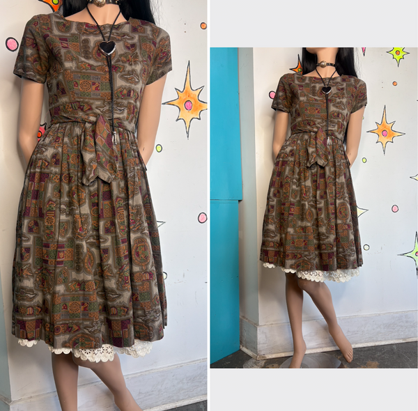 Vintage 50s Earth Tone Tiki Mid Century Art Print Fit & Flare Cotton Dress - S