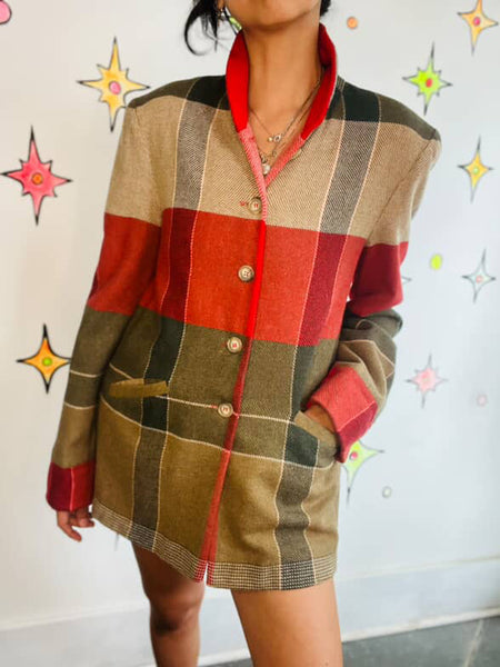 Vintage 80s Red & Green Tartan Plaid Wool Christmas Holiday Preppy Blazer – S