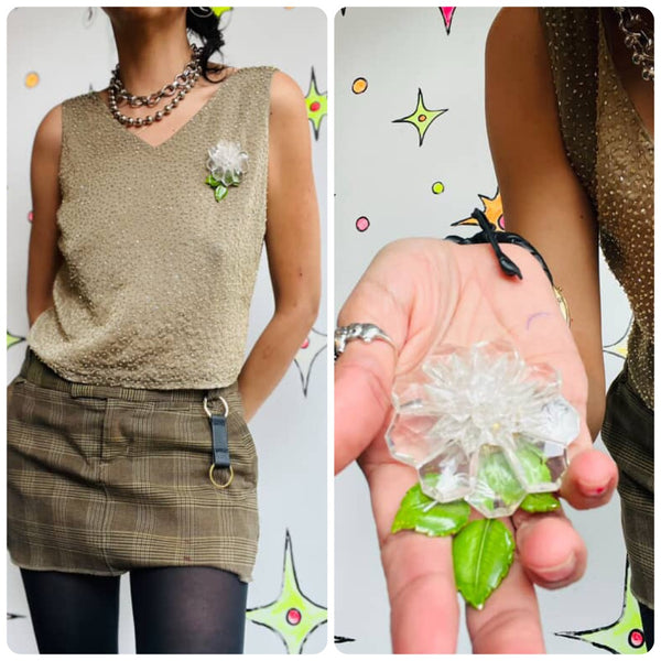 Vintage 60s Clear Lucite & Metal Flower Brooch – Large Pin – Fairy Boho Deco