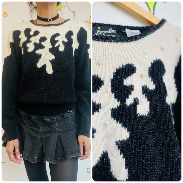Vintage 80s Black Fuzzy Sweater Beaded Pearls | Whimsy Goth Cute Pullover M