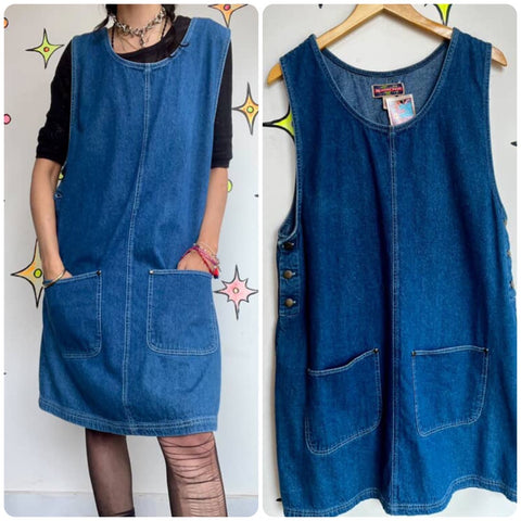 Vintage 90s | Denim Overall Dress Grunge Fruits Streetstyle Emo Mini Dress | XL