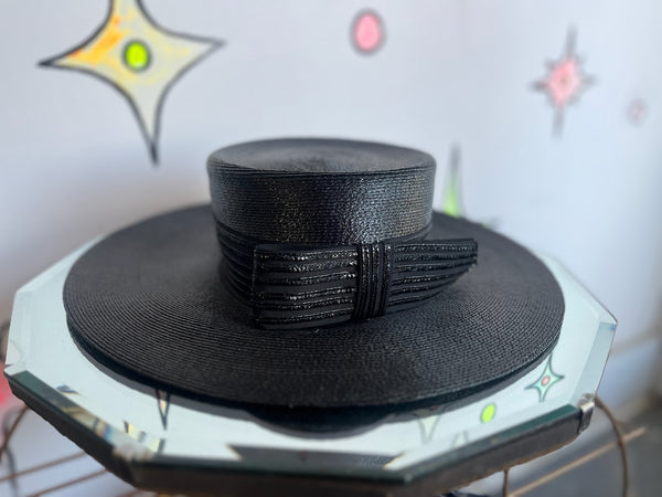 Vintage Extra Wide Brim Black Glam Witchy High Fashion Hat w Statement Bow