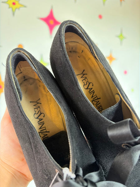 Vintage Yves Saint Laurent Black Suede Pumps 90s Victorian Heels Paris Chic 5.5