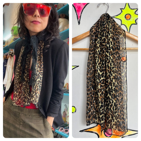 Vintage | Sheer Silk Leopard Print Scarf | Retro Glam Old Hollywood 50s 80s 90s