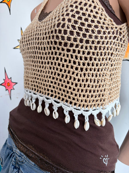 90s Beige Crochet Mermaidcore Crop Top Embellished Shells Fairy Grunge Boho S