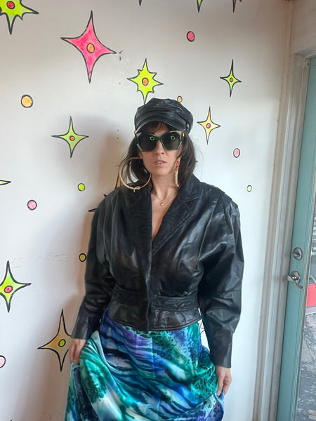 Vintage 80s Black Leather Dolman Jacket Cropped Statement Coat M