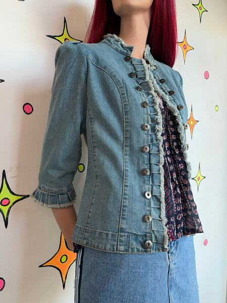 Y2K Denim Military Jacket Soft Grunge Ruffled Utility Blazer Fairy Coquette S
