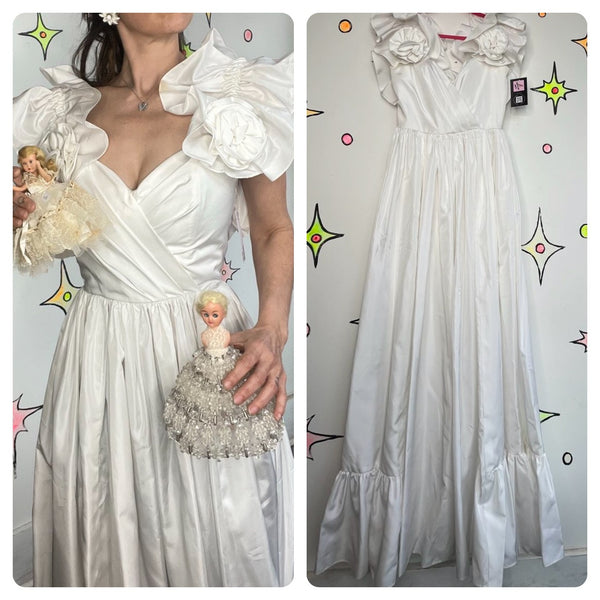 80s White Ruffle Poofy Cupcake Dress Vintage Prom Wedding Party Princess _ S