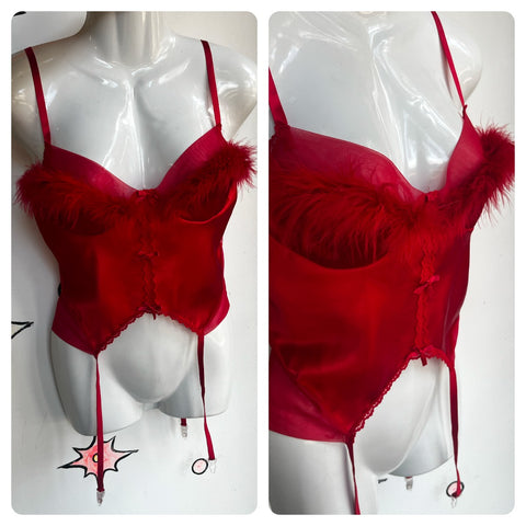 Vintage | Red Sexy Devil Vampire Goth Feather Trim Lingerie Cami | Size L