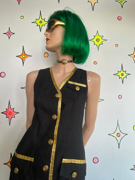 80s Vintage Versace Style Black & Gold Blazer Dress Office Siren Glam Midi - S