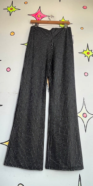 Vtg. Stretch Glam Metallic Black Silver Pinstripe Rave Disco Bellbottom Flares L