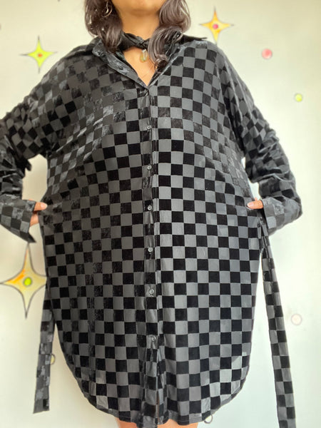 Vintage 90s | Sheer Black Checkered Velvet Burnout Goth Shirt Dress | Size L