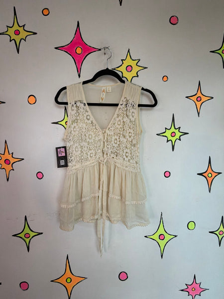 Vintage Y2K Off White Crochet Fairy Grunge Top Boho Emo Coquette Soft Girl - S