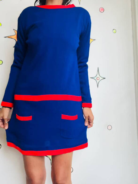 Vintage 60s MOD Space Age Navy Blue Mini Dress w/ Red Stripe – Medium / Large