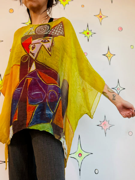 Wearable Art 100% Silk Picasso Cubism Sheer Blouse Gothic Avant-Garde - One Size