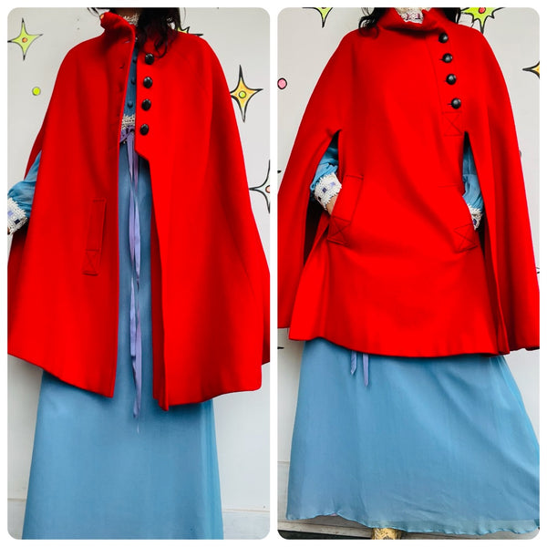Vintage 60s Cherry Red Cape Coat | Heavy Warm Wool Feel Cloak | Mod Swing Cape