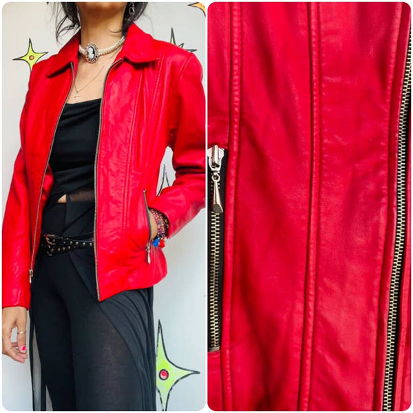 Y2K | GUESS Cherry Red Leather Jacket Indie Sleaze Glam Rock Moto Jacket | Small