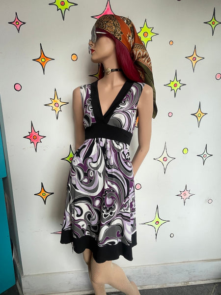 Y2K Deep Purple Paisley Fairy Grunge Slinky Stretchy Asymmetrical Mini Dress M