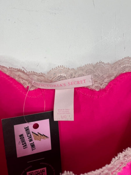 Vintage Victoria’s Secret Hot Pink Satin Slip Dress Lace Babydoll Lingerie – L