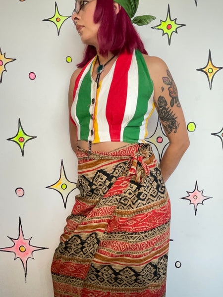 Vintage 90s Groovy Cropped Halter Top Red Yellow Stripe Anchor Buttons Sailor - S
