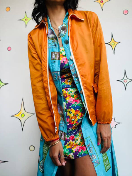 Vintage 60s 70s Groovy MOD Grunge Orange Retro Sporty Nylon Windbreaker Jacket S