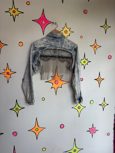 Acid Wash Cropped Denim Jacket | Y2K Bling Western Grunge Jean Jacket Small