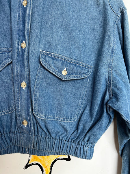 90s Grunge Denim Crop Top | Velvet Collar & Cuffs | Long Sleeve Button-Up (S)
