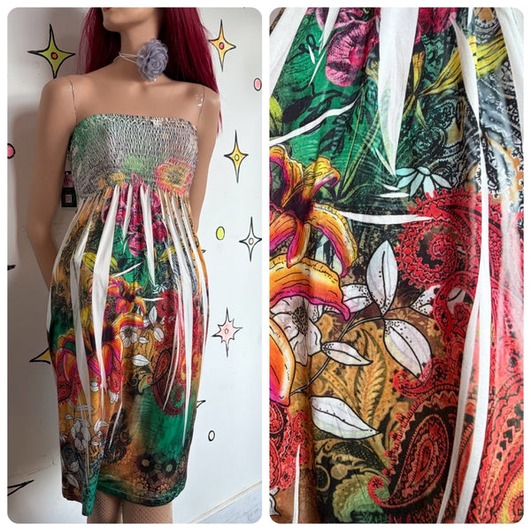 Y2K Strapless Tattoo Print Fairy Dress Cyber Grunge Ed Hardy Inspired | S