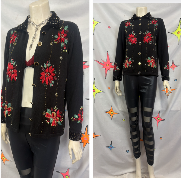 Vintage 80s 90s Black Ugly Tacky Christmas Sweater Cardigan Poinsettia - M