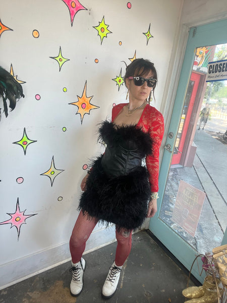 Black Feather Bustier Dress Party Mini Feather Trim Pleather Glam Night Out M/L