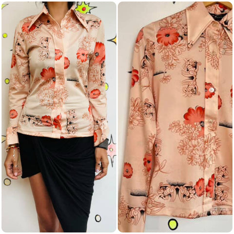 Vintage 70s | Peach Floral Disco Polyester Big Collar Shirt Top | Size Small