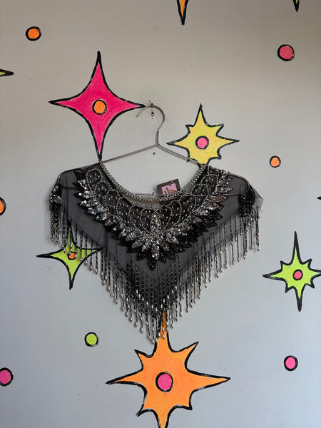 Vintage Beaded Fringe Flapper Western Collar Whimsigoth Glam Statement Cape