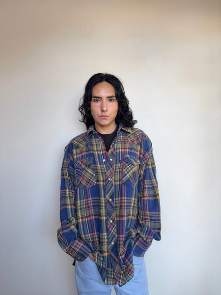 Vintage 90s Wrangler Pearl Snap Flannel Oversized Western Grunge Shirt