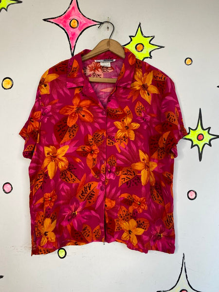90s Hot Pink Hawaiian Sherbet Print Button Up Blouse Tropical Kitsch Retro L