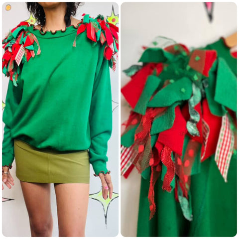 Vintage 80s Tacky Ugly Christmas Sweater w Bows | Holiday Party Sweater | M