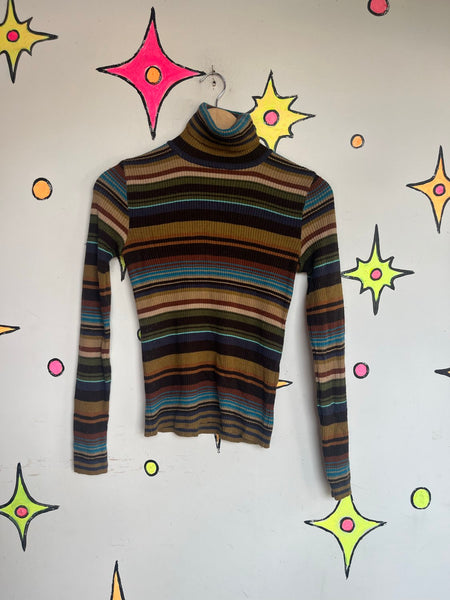 Retro Striped Turtleneck 60s 70s Mod Rainbow Groovy Clowncore Grunge Top M