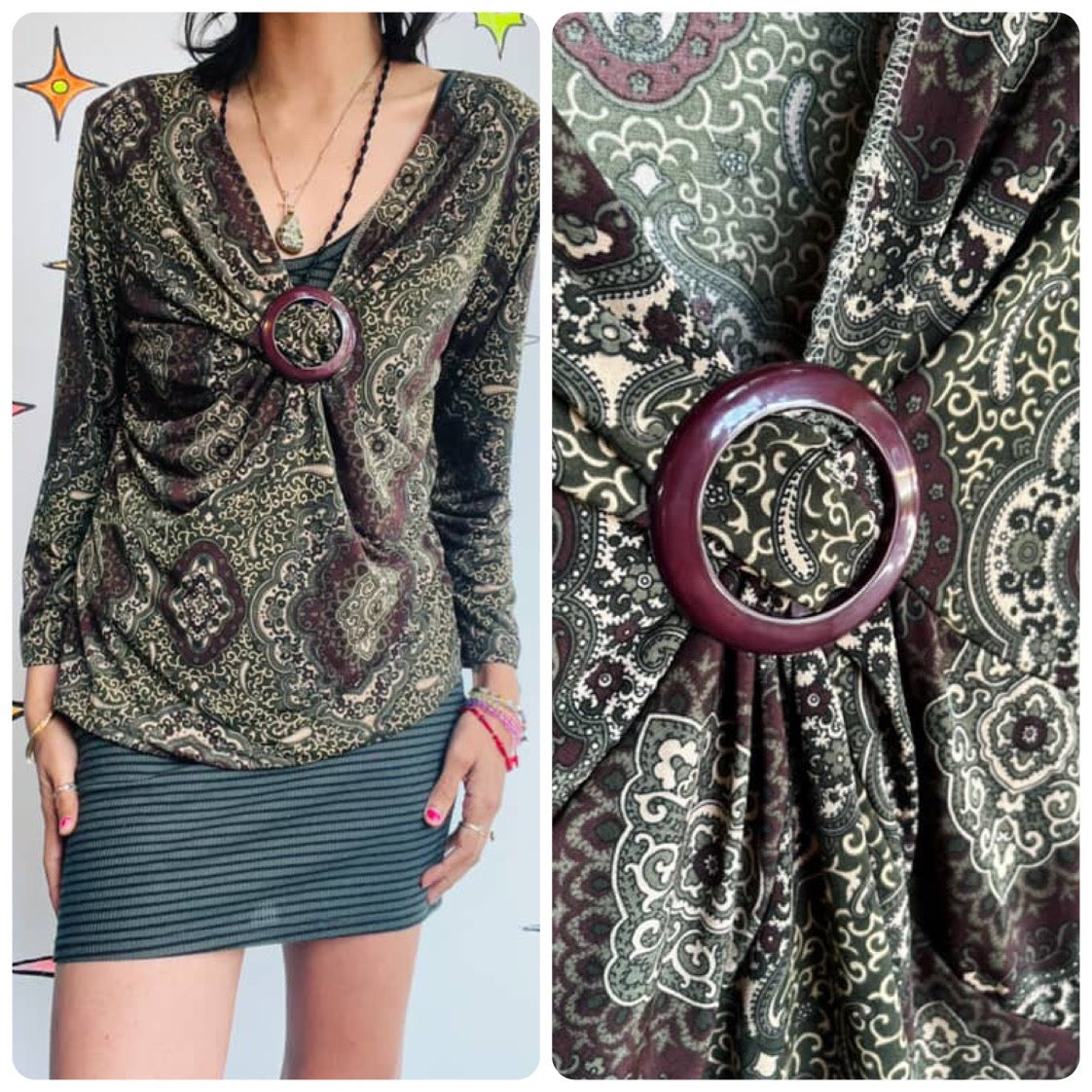 Y2K Green Paisley Fairy Boho Grunge Top - Susan Lawrence Petite - Size PXL