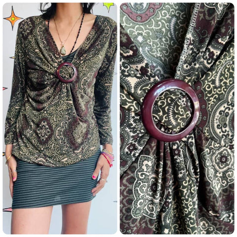 Y2K Green Paisley Fairy Boho Grunge Top - Susan Lawrence Petite - Size PXL