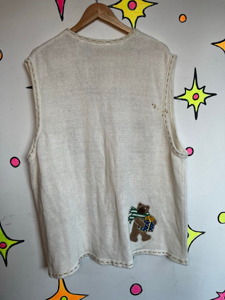 Vintage White Ugly Christmas Sweater Vest Zip Front Holiday Party Knit XL+