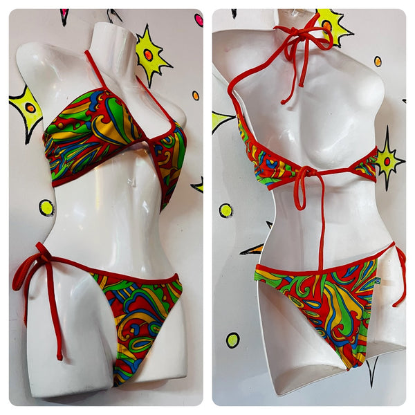 Vintage Retro 60s Style Groovy Rainbow MOD Psychedelic Bikini Swimsuit - Small