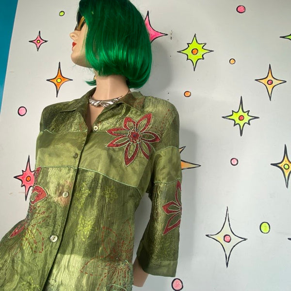 Vintage 90s Silk Crinkle Patchwork Beaded Fairy Boho Blouse Alfred Dunner M/L